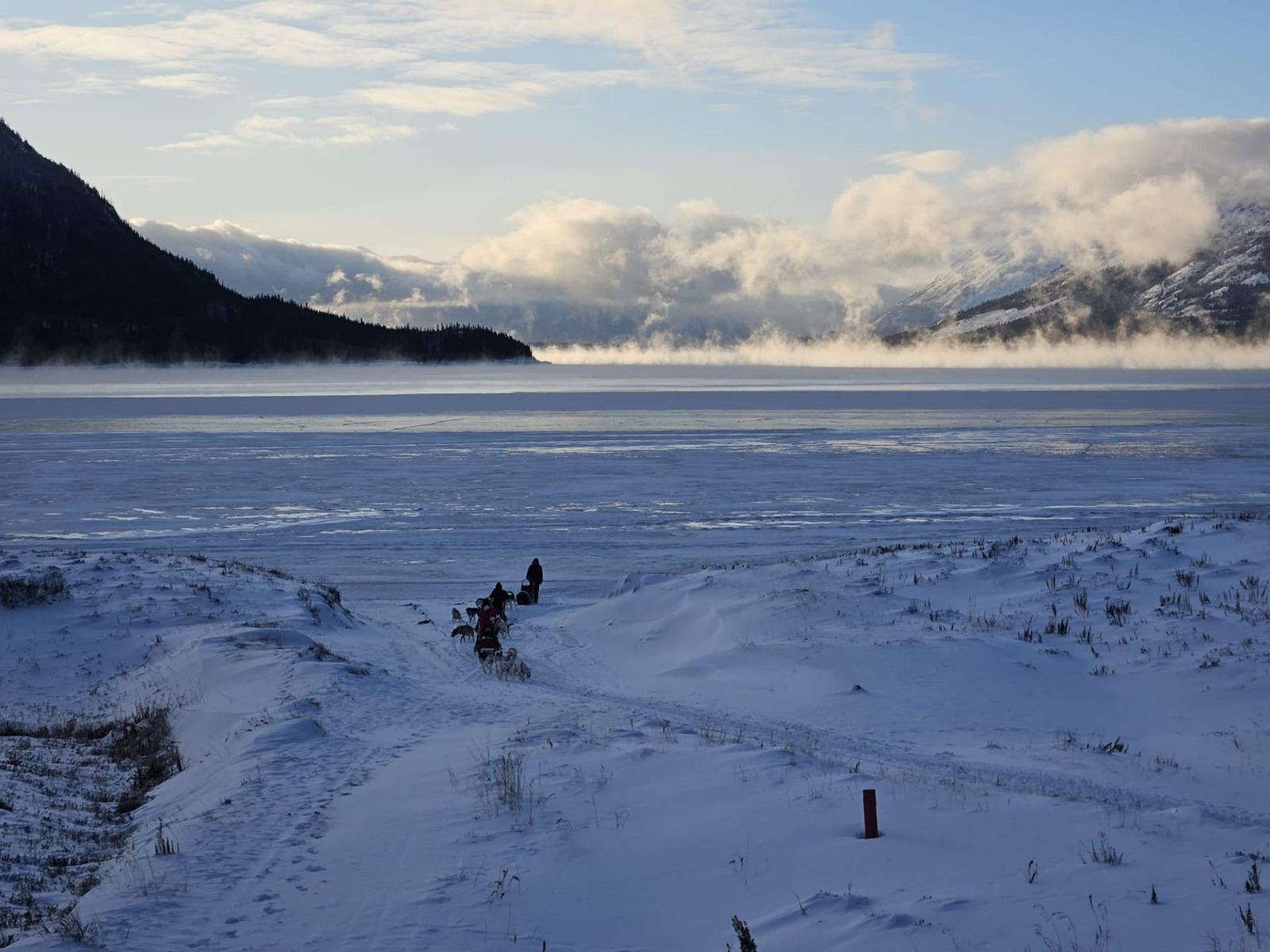 Dog teams setting off across the frozen lake in the morning mist, near Carcross